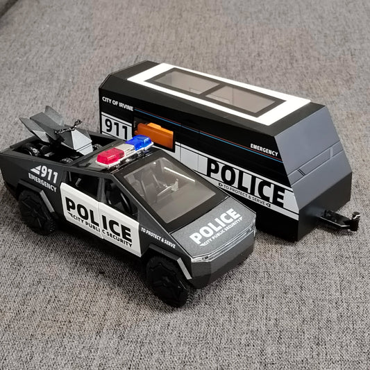 1:32 Police Cybertruck Trailer Off Road Pickup Truck Diecast Model Car Alloy Children's Toy RV Sound & Light Music Birthday Gift