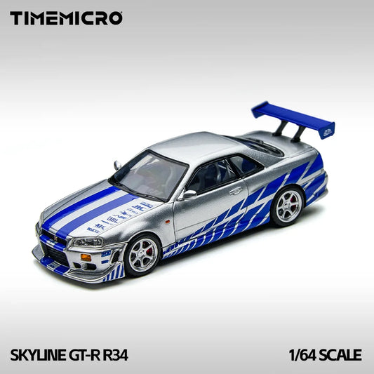 TIME MICRO 1:64 Skyline GT-R R34 Silver Blue Simulation Alloy Car Model for Hobby&Collectibles&Display*Gift
